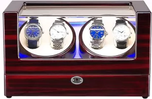 Self Winding Watch Watch Winders for 4 Watches,Wooden Self Winding Mechanical Watch Box military jar candlelight preparation agency empty with Quiet Motor,Blue Led Light 