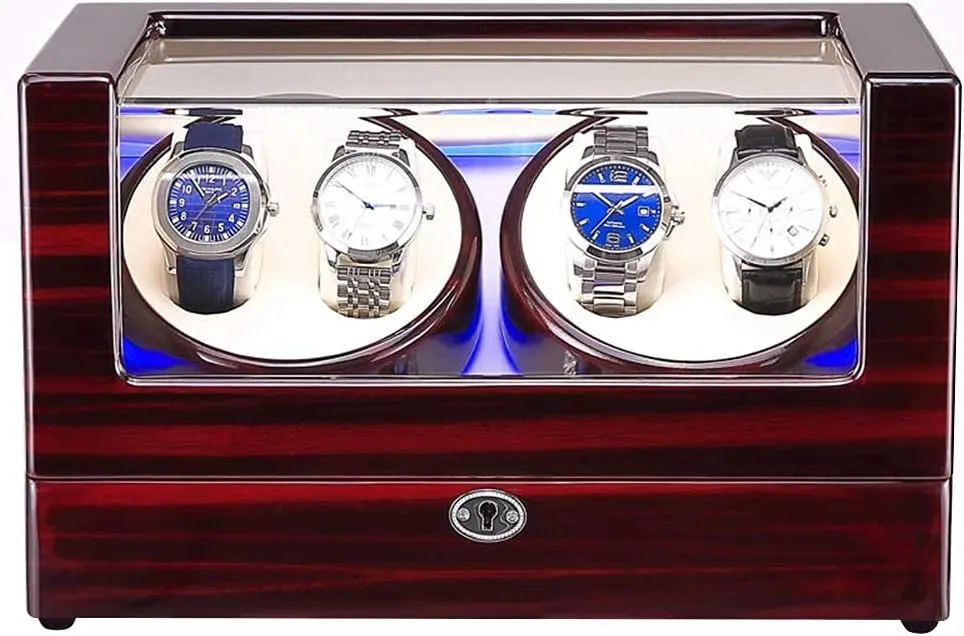 Self Winding Watch Watch Winders for 4 Watches,Wooden Self Winding Mechanical Watch Box military jar candlelight preparation agency empty with Quiet Motor,Blue Led Light 