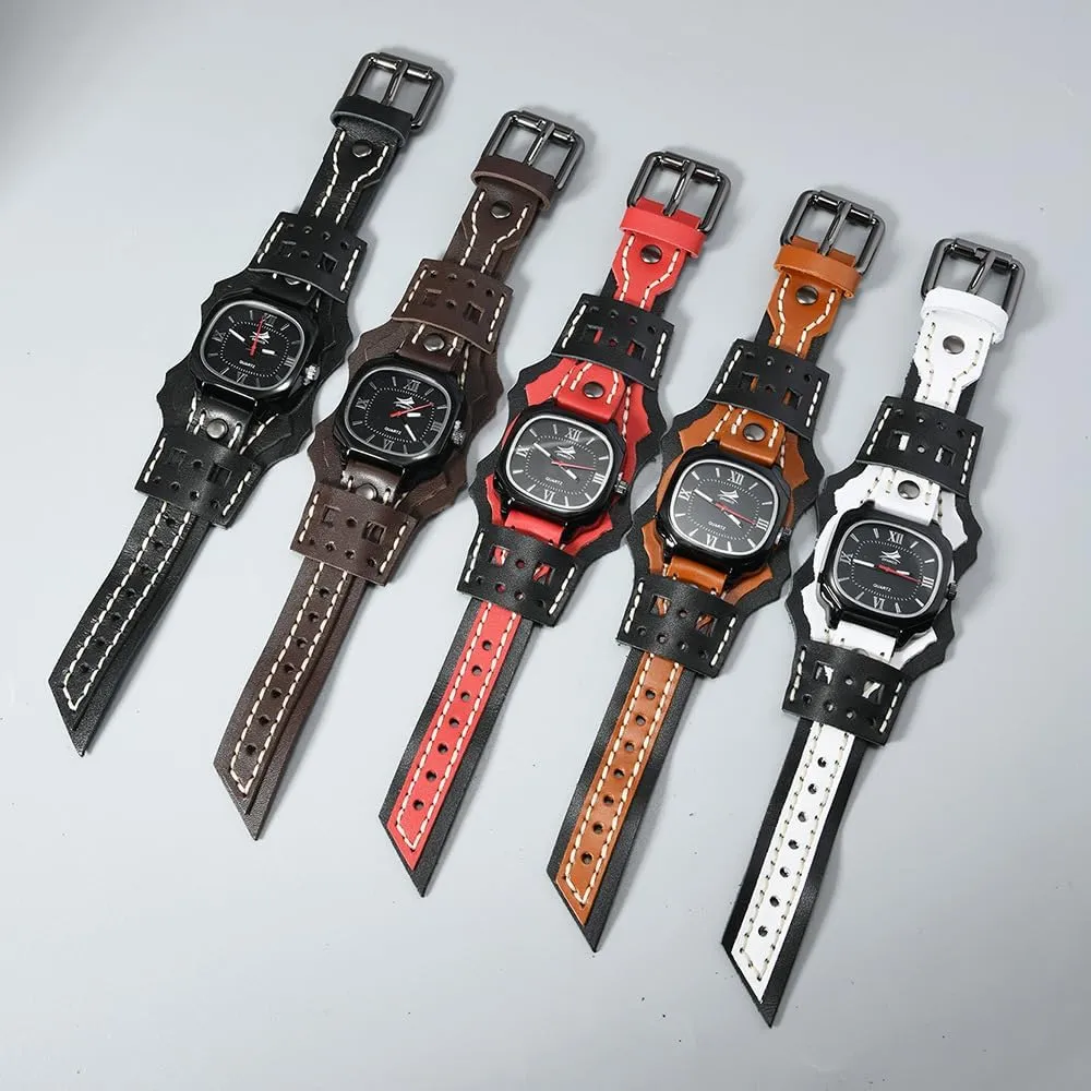 Sewn Vintage detection microfossil Punk Hip-Hop Gothic Wide Genuine Soft Leather Cool Cuff Wristwatch Personalized Watch Square Black Dial MINILUJIA Handmade Men Watches with Wax Rope 