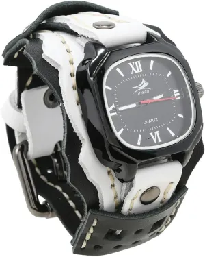 Sewn Vintage detection microfossil Punk Hip-Hop Gothic Wide Genuine Soft Leather Cool Cuff Wristwatch Personalized Watch Square Black Dial MINILUJIA Handmade Men Watches with Wax Rope 