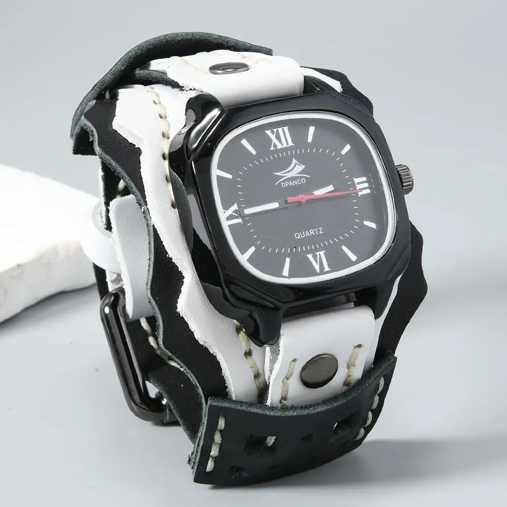 Sewn Vintage detection microfossil Punk Hip-Hop Gothic Wide Genuine Soft Leather Cool Cuff Wristwatch Personalized Watch Square Black Dial MINILUJIA Handmade Men Watches with Wax Rope 