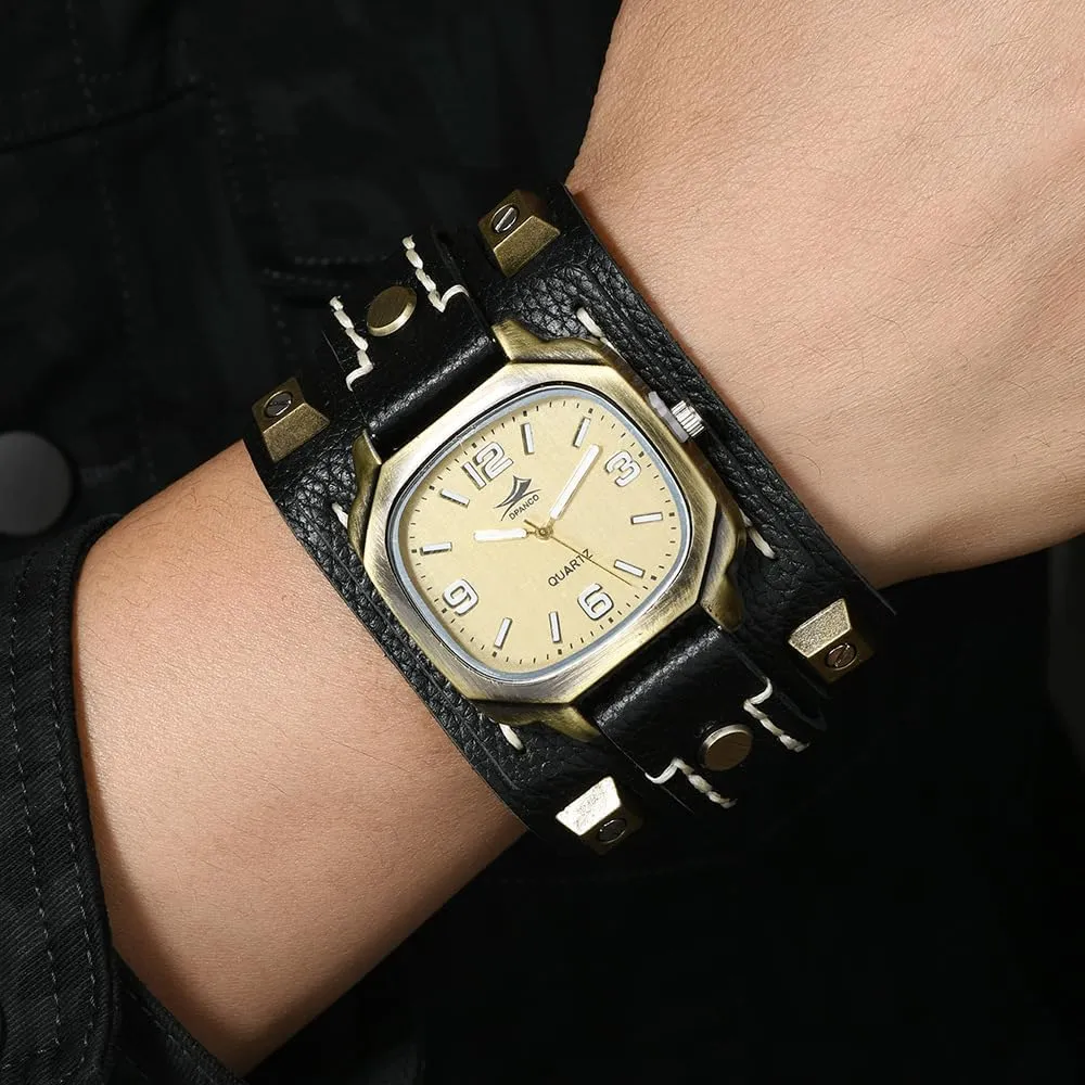 Sewn Vintage Punk Hip-Hop Gothic Wide Genuine Soft Leather Cool spectacle Cuff Wristwatch Personalized Watch Square Bronze Dial MINILUJIA Handmade Men Watches with Wax Rope 