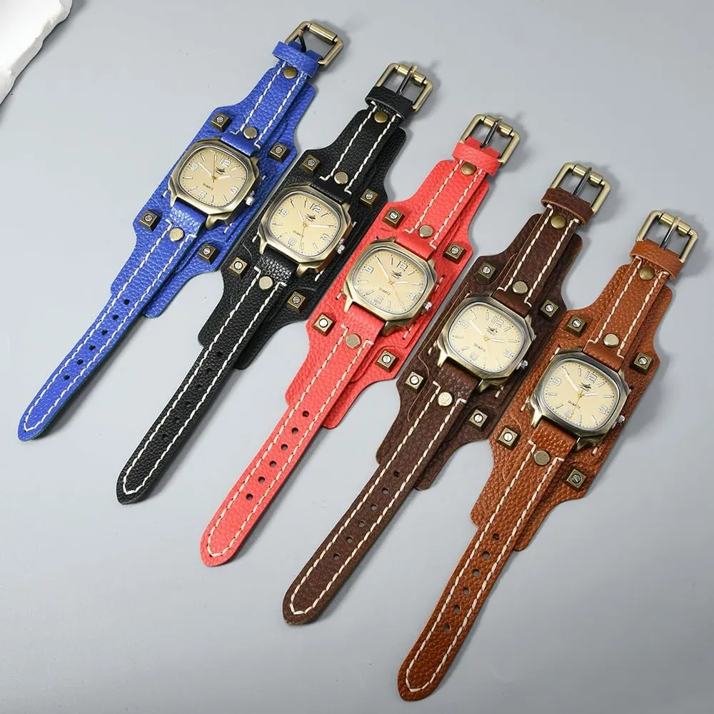 Sewn Vintage Punk Hip-Hop Gothic Wide Genuine Soft Leather Cool spectacle Cuff Wristwatch Personalized Watch Square Bronze Dial MINILUJIA Handmade Men Watches with Wax Rope 