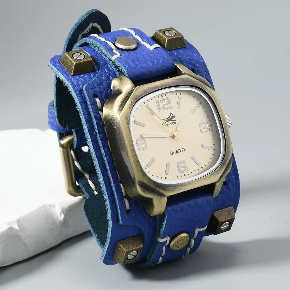 Sewn Vintage Punk Hip-Hop Gothic Wide Genuine Soft Leather Cool spectacle Cuff Wristwatch Personalized Watch Square Bronze Dial MINILUJIA Handmade Men Watches with Wax Rope 