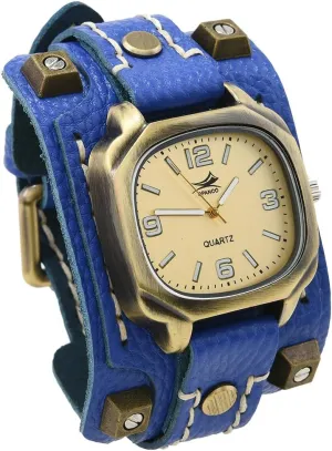 Sewn Vintage Punk Hip-Hop Gothic Wide Genuine Soft Leather Cool spectacle Cuff Wristwatch Personalized Watch Square Bronze Dial MINILUJIA Handmade Men Watches with Wax Rope 