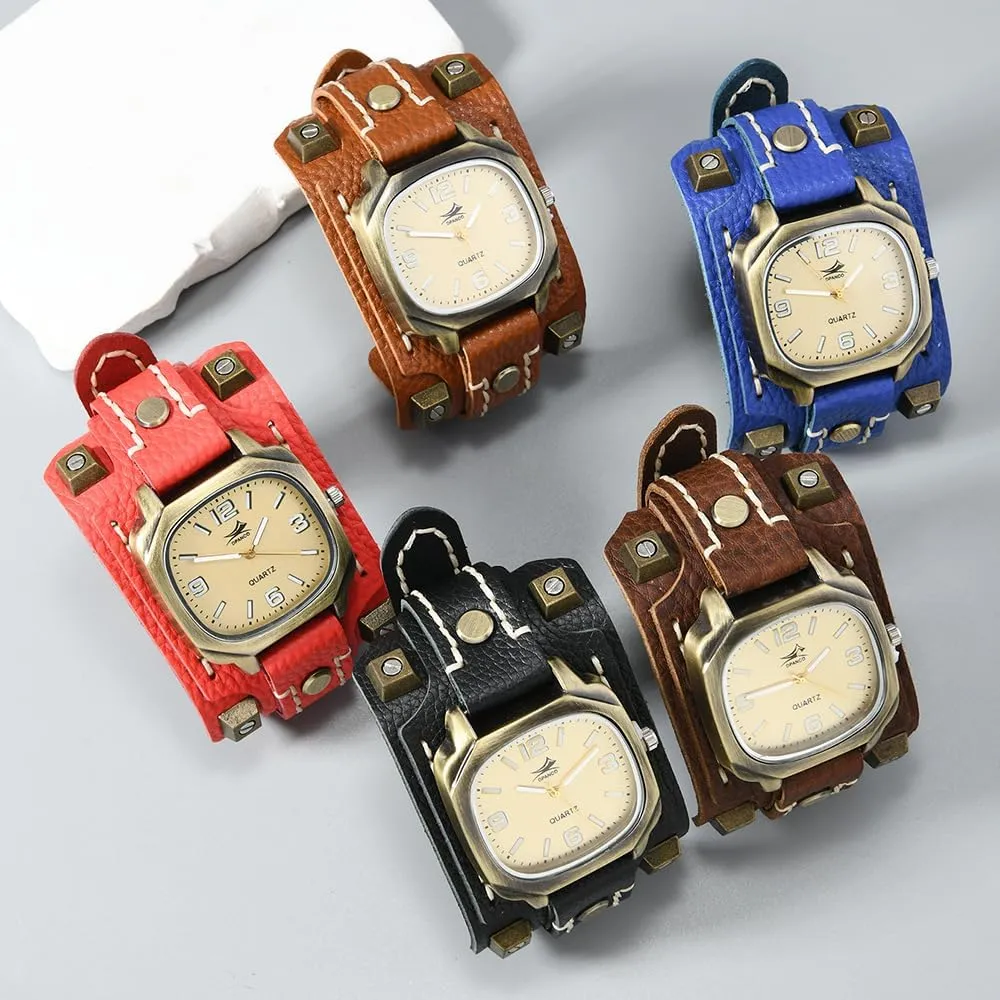 Sewn Vintage Punk Hip-Hop Gothic Wide Genuine Soft Leather Cool spectacle Cuff Wristwatch Personalized Watch Square Bronze Dial MINILUJIA Handmade Men Watches with Wax Rope 