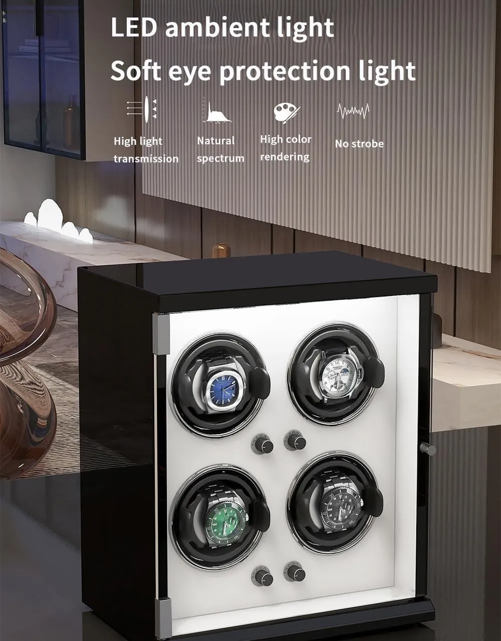 Shell Piano Finish Flexible Watch snippet saucy Pillow Built-in Led Illumination,D-A Watch Winder for 9 Automatic Watches with Ultra-Quiet Motors Wood 
