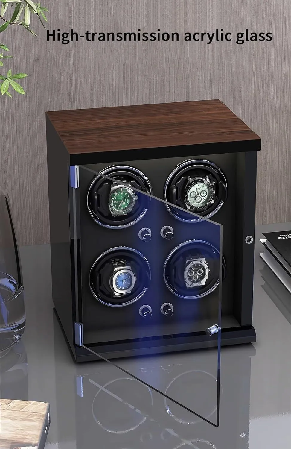Shell Piano Finish Flexible Watch snippet saucy Pillow Built-in Led Illumination,D-A Watch Winder for 9 Automatic Watches with Ultra-Quiet Motors Wood 
