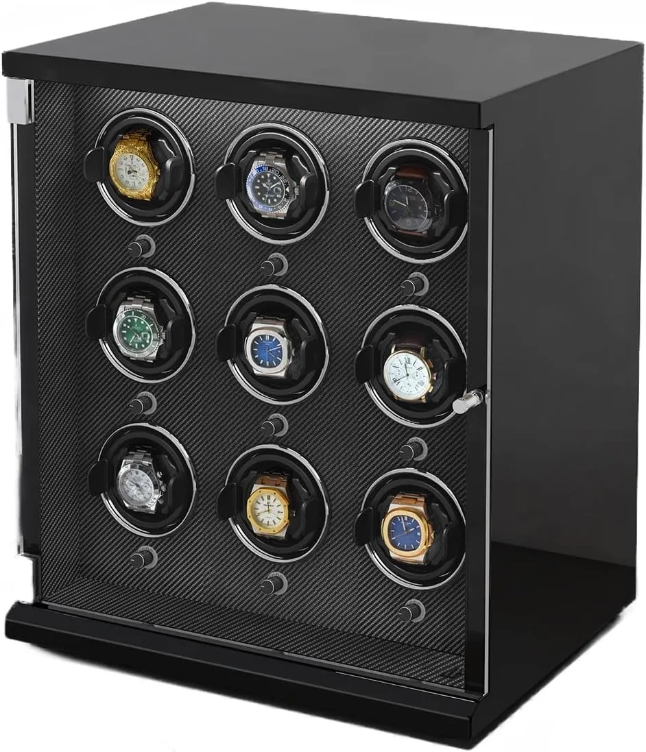 Shell Piano Finish Flexible Watch snippet saucy Pillow Built-in Led Illumination,D-A Watch Winder for 9 Automatic Watches with Ultra-Quiet Motors Wood 