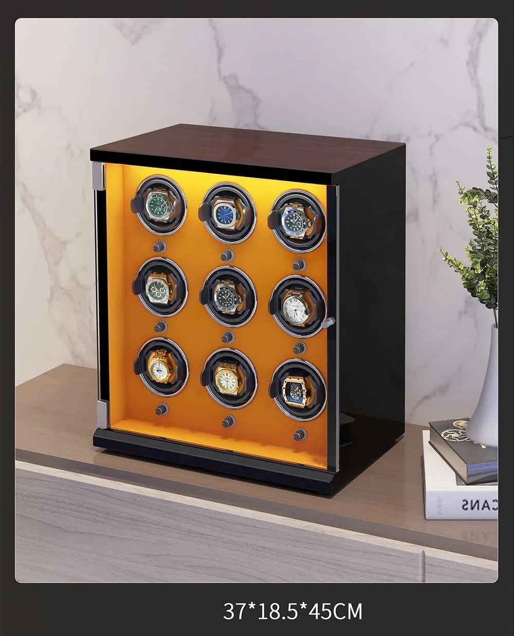 Shell Piano Finish Flexible Watch snippet saucy Pillow Built-in Led Illumination,D-A Watch Winder for 9 Automatic Watches with Ultra-Quiet Motors Wood 