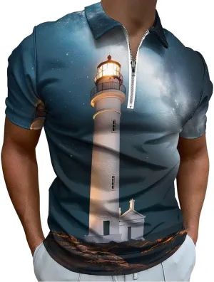 Shirt Collared Casual Mens Tees Lighthouse Night Golf remind peacefully vocation solitary Shirts for Men Short Sleeve Polo 