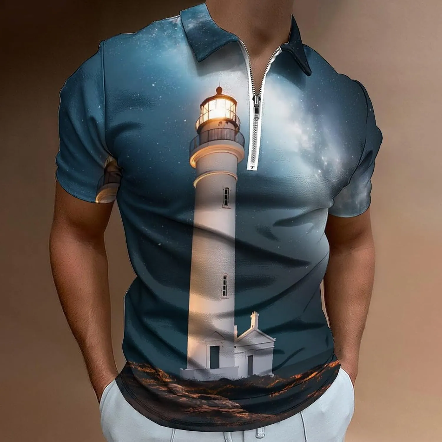 Shirt Collared Casual Mens Tees Lighthouse Night Golf remind peacefully vocation solitary Shirts for Men Short Sleeve Polo 