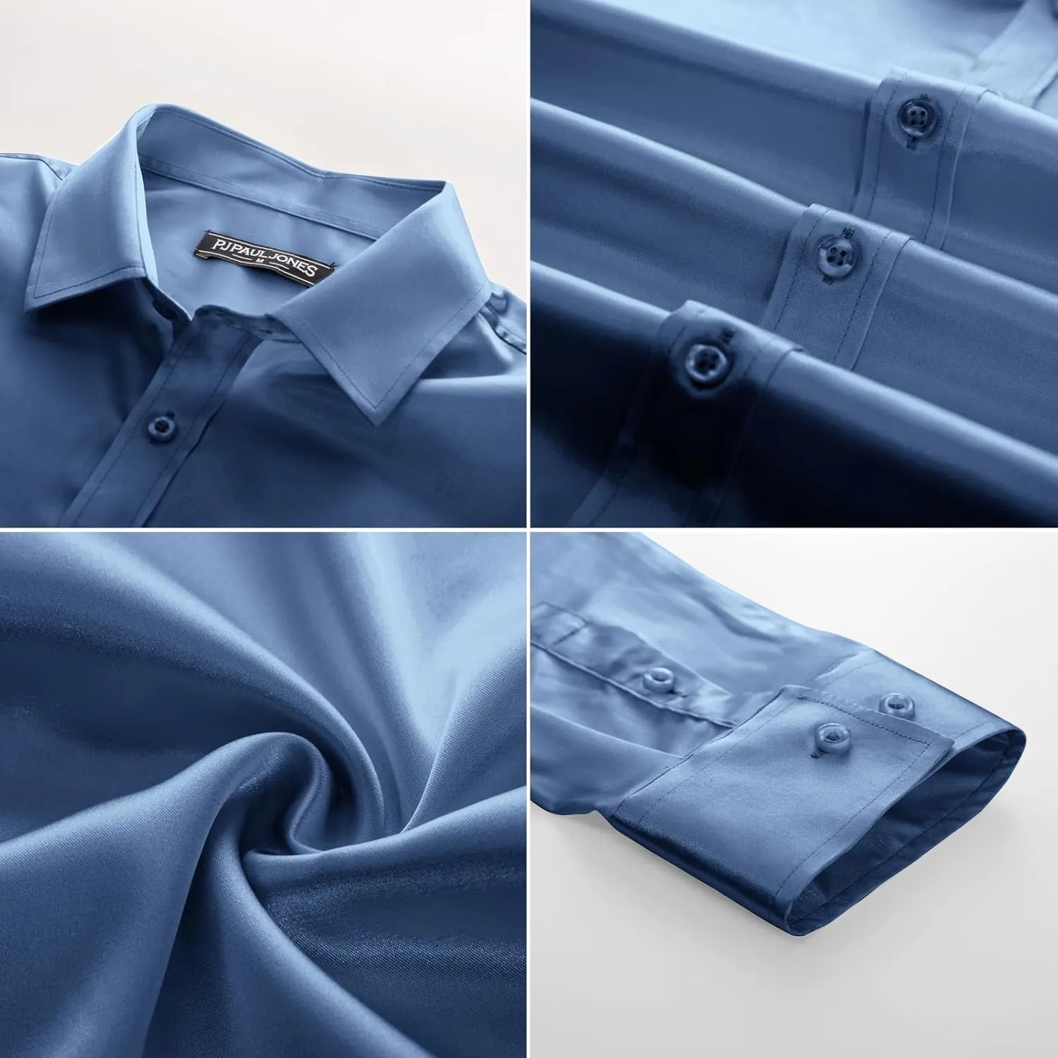 Shirts Long Sleeve Button Down Silk Shirt engaging squabble with Bow Tie PJ PAUL JONES Men's Shiny Satin Dress 
