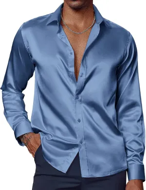 Shirts Long Sleeve Button Down Silk Shirt engaging squabble with Bow Tie PJ PAUL JONES Men's Shiny Satin Dress 