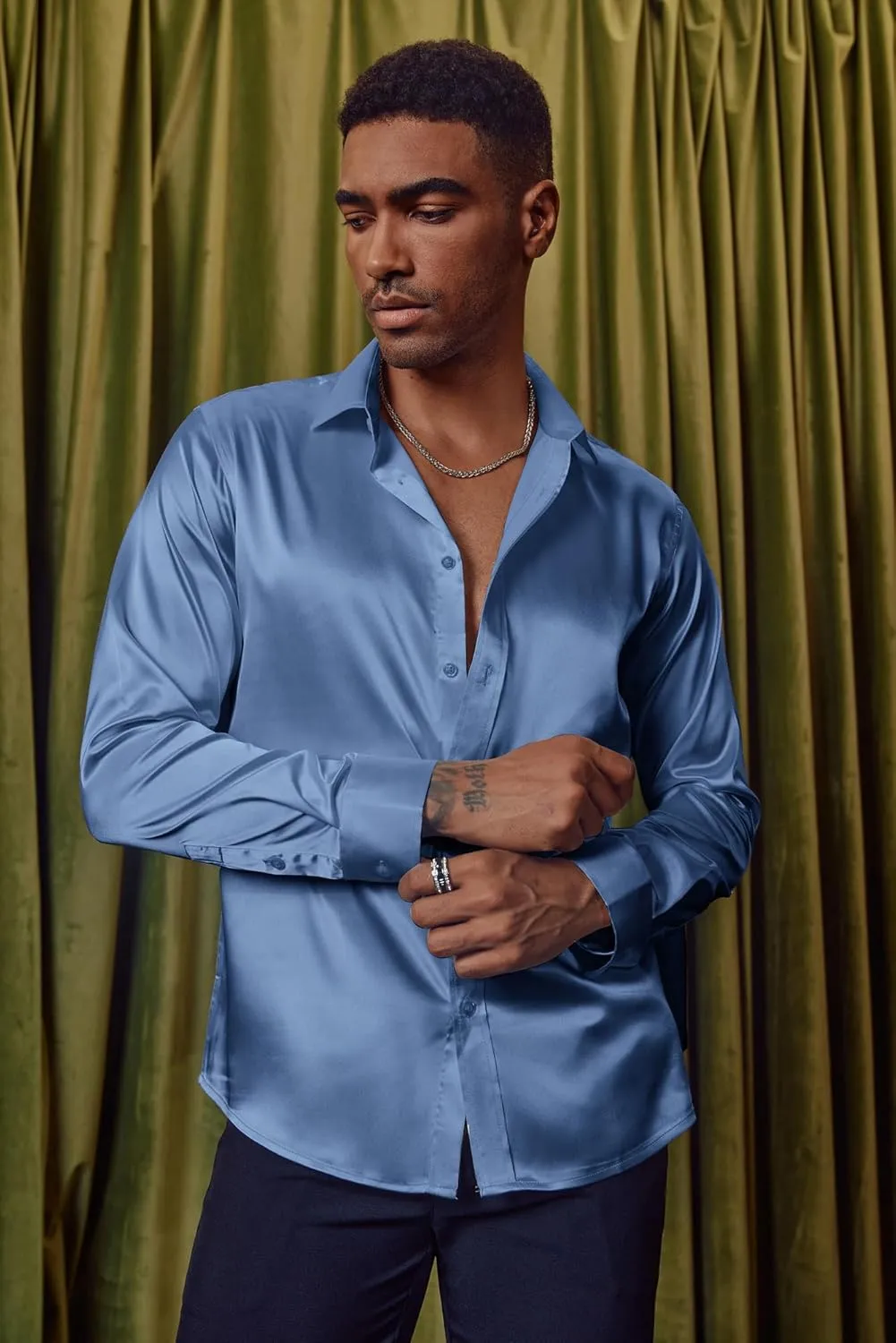 Shirts Long Sleeve Button Down Silk Shirt engaging squabble with Bow Tie PJ PAUL JONES Men's Shiny Satin Dress 