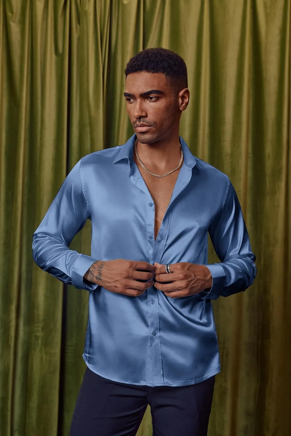 Shirts Long Sleeve Button Down Silk Shirt engaging squabble with Bow Tie PJ PAUL JONES Men's Shiny Satin Dress 