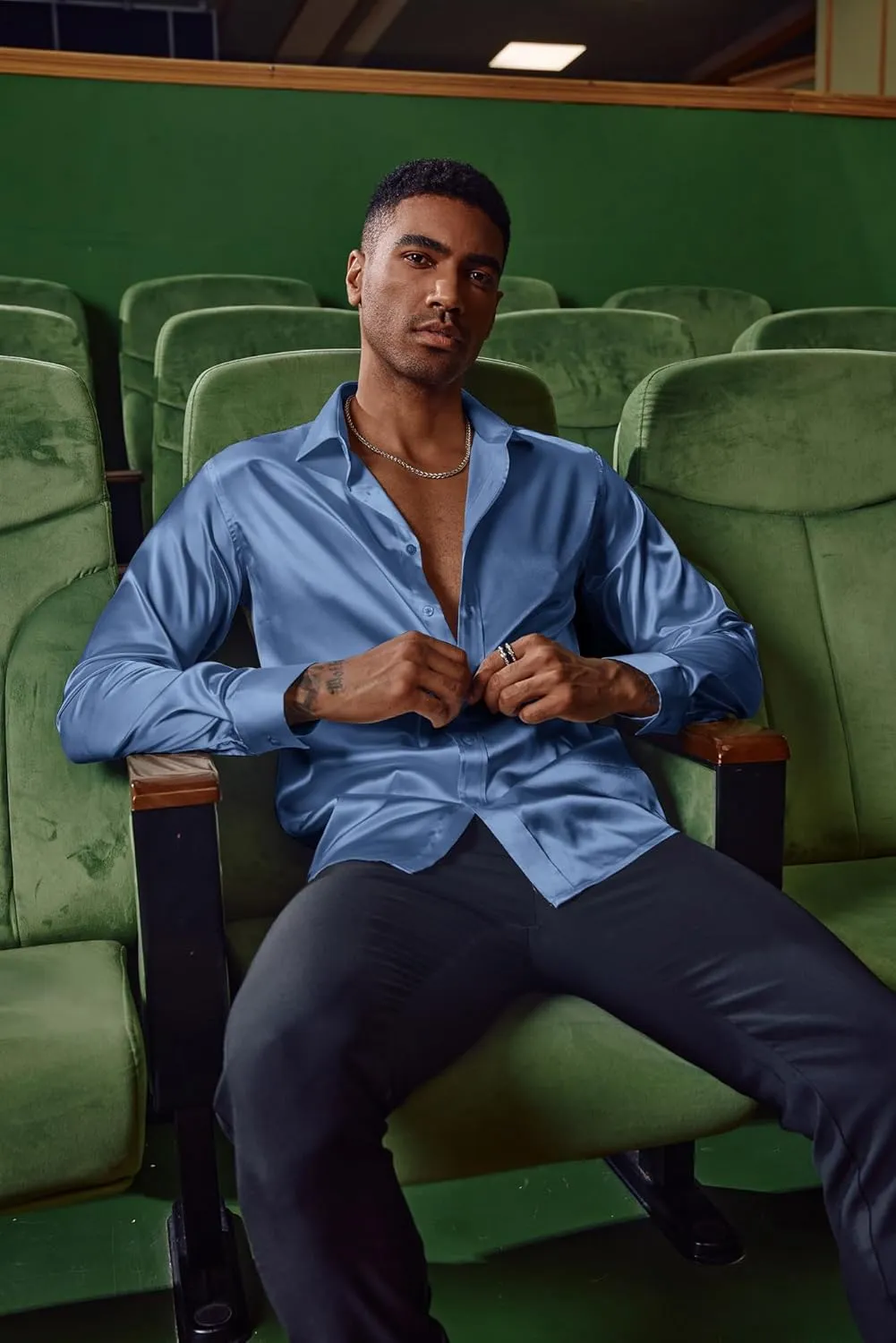 Shirts Long Sleeve Button Down Silk Shirt engaging squabble with Bow Tie PJ PAUL JONES Men's Shiny Satin Dress 