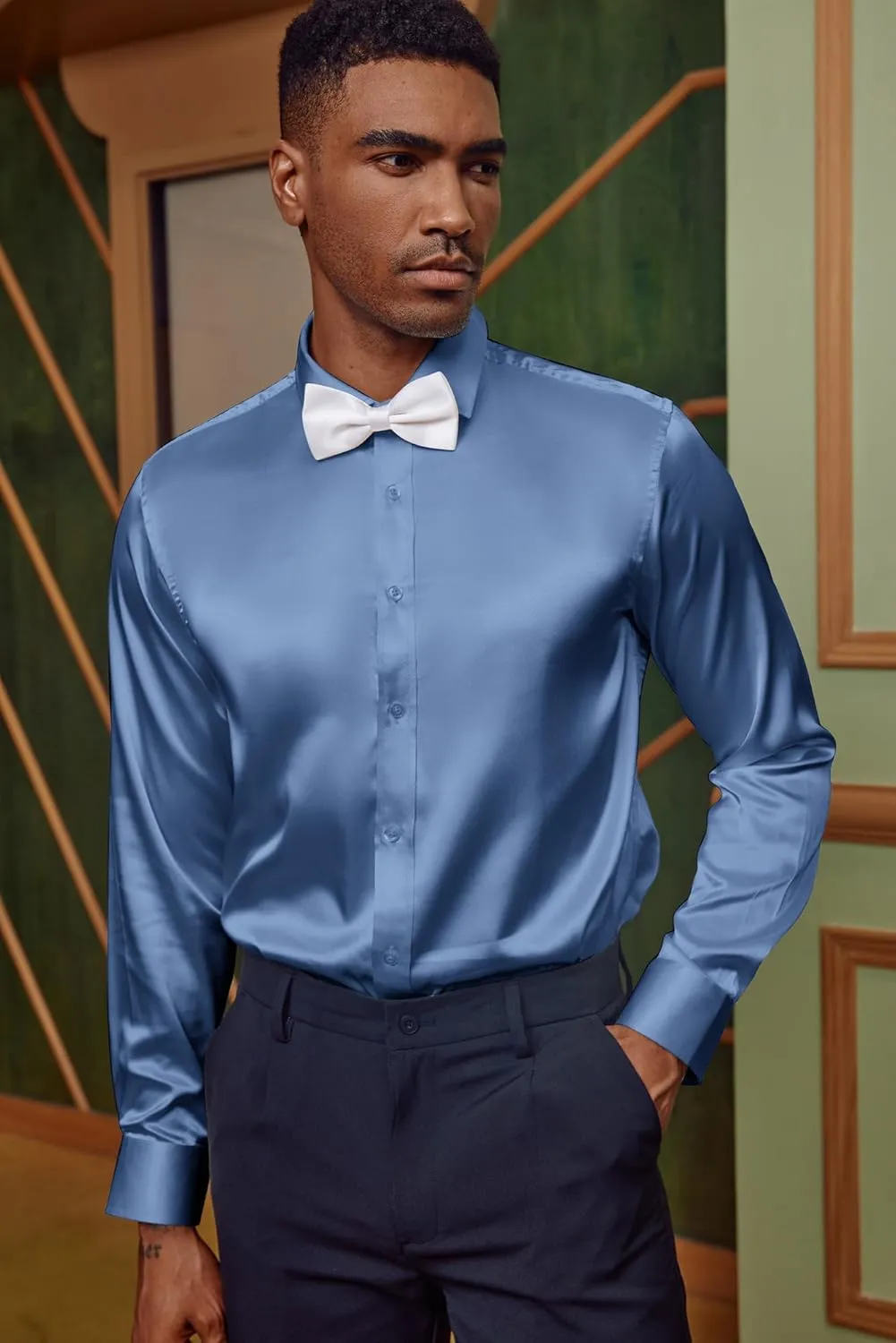 Shirts Long Sleeve Button Down Silk Shirt engaging squabble with Bow Tie PJ PAUL JONES Men's Shiny Satin Dress 