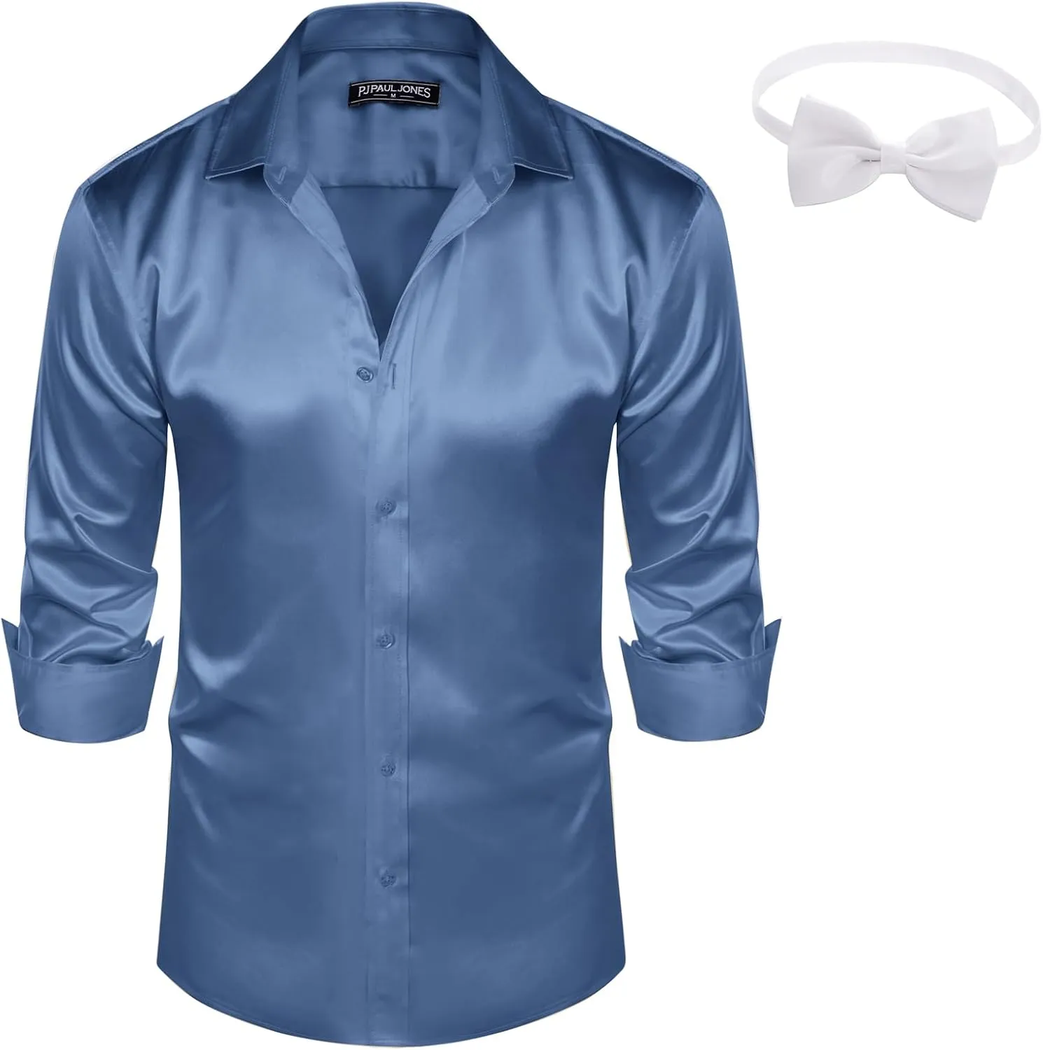Shirts Long Sleeve Button Down Silk Shirt engaging squabble with Bow Tie PJ PAUL JONES Men's Shiny Satin Dress 