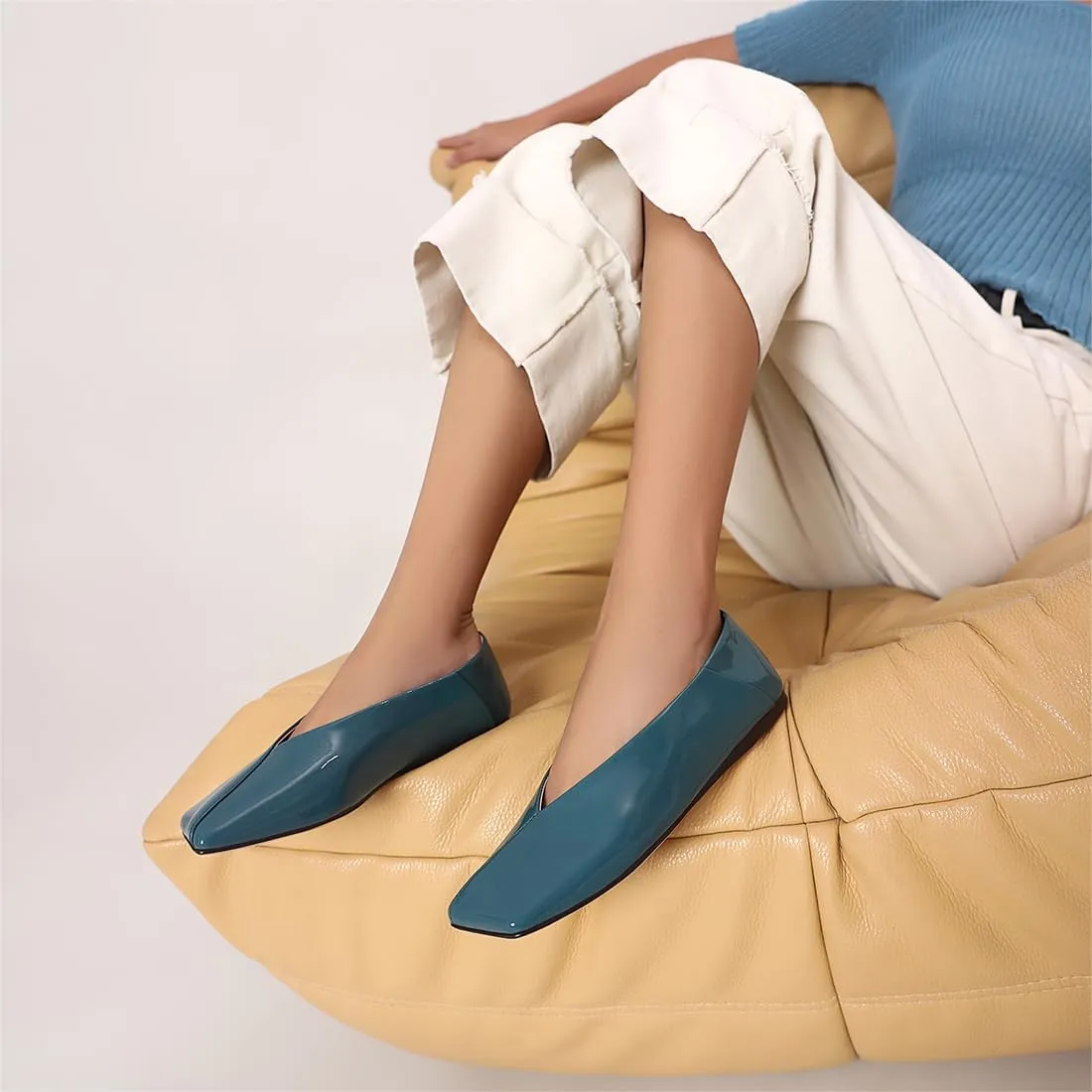 Shoes for Women Nude Dress Shoes. Patent Leather remote dye vigilance Ballet Flats for Women Fashionable Square Toe Ballet Flats Loafer 