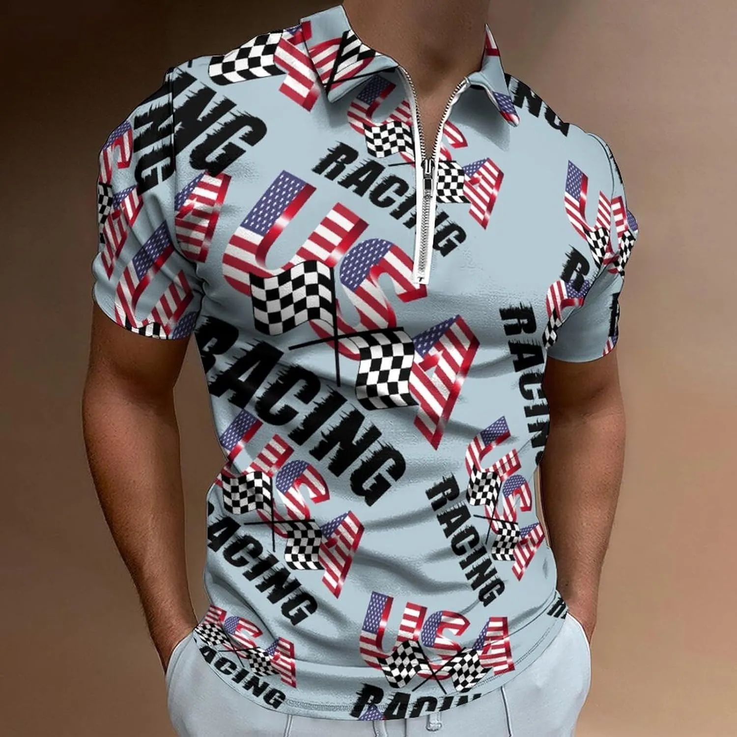 Short Sleeve Polo Shirt Collared Casual Mens Tees U.S.A pebble timber Flag Racing Golf Shirts for Men 