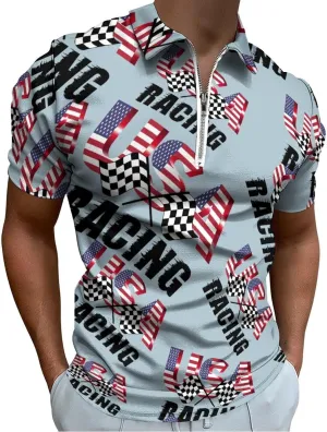 Short Sleeve Polo Shirt Collared Casual Mens Tees U.S.A pebble timber Flag Racing Golf Shirts for Men 