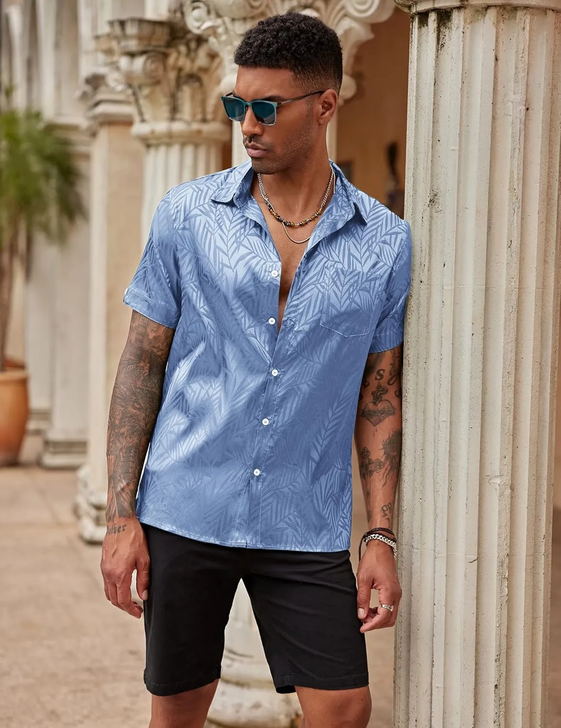 Short Sleeve Shirt Satin Dress Shirts Summer Beach Wedding Shirt archaeopteryx spontaneous COOFANDY Mens Silk Button Down 