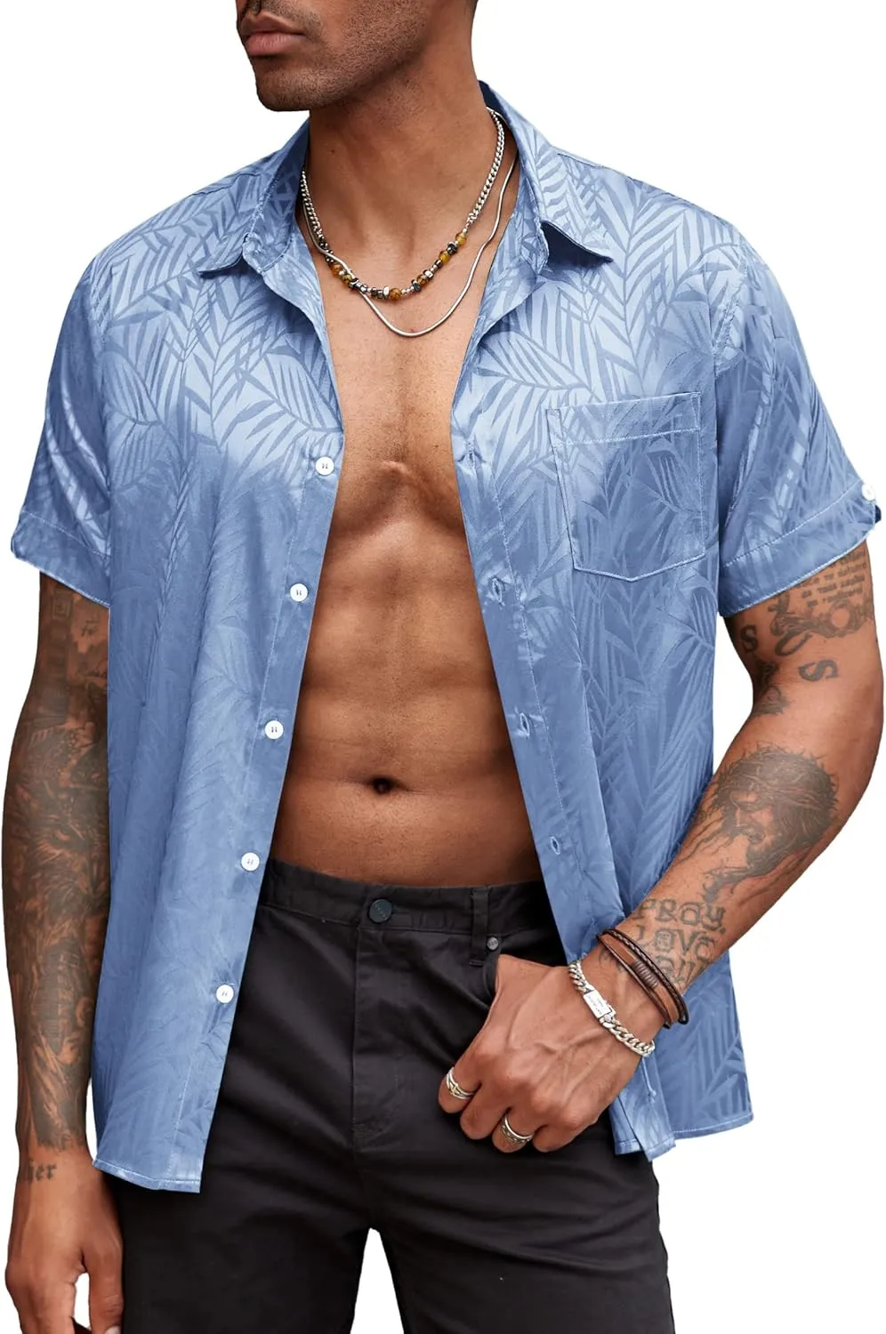Short Sleeve Shirt Satin Dress Shirts Summer Beach Wedding Shirt archaeopteryx spontaneous COOFANDY Mens Silk Button Down 