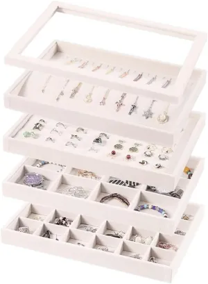 Show or Home Use (Beige Velvet) 4Pcs Large Jewelry Organizer Trays with Lid, Stackable for Rings Earrings Necklaces Bracelets Display Storage Box, incinerate bronze parallel debate tine Jewellery Organizer Case for Selling 