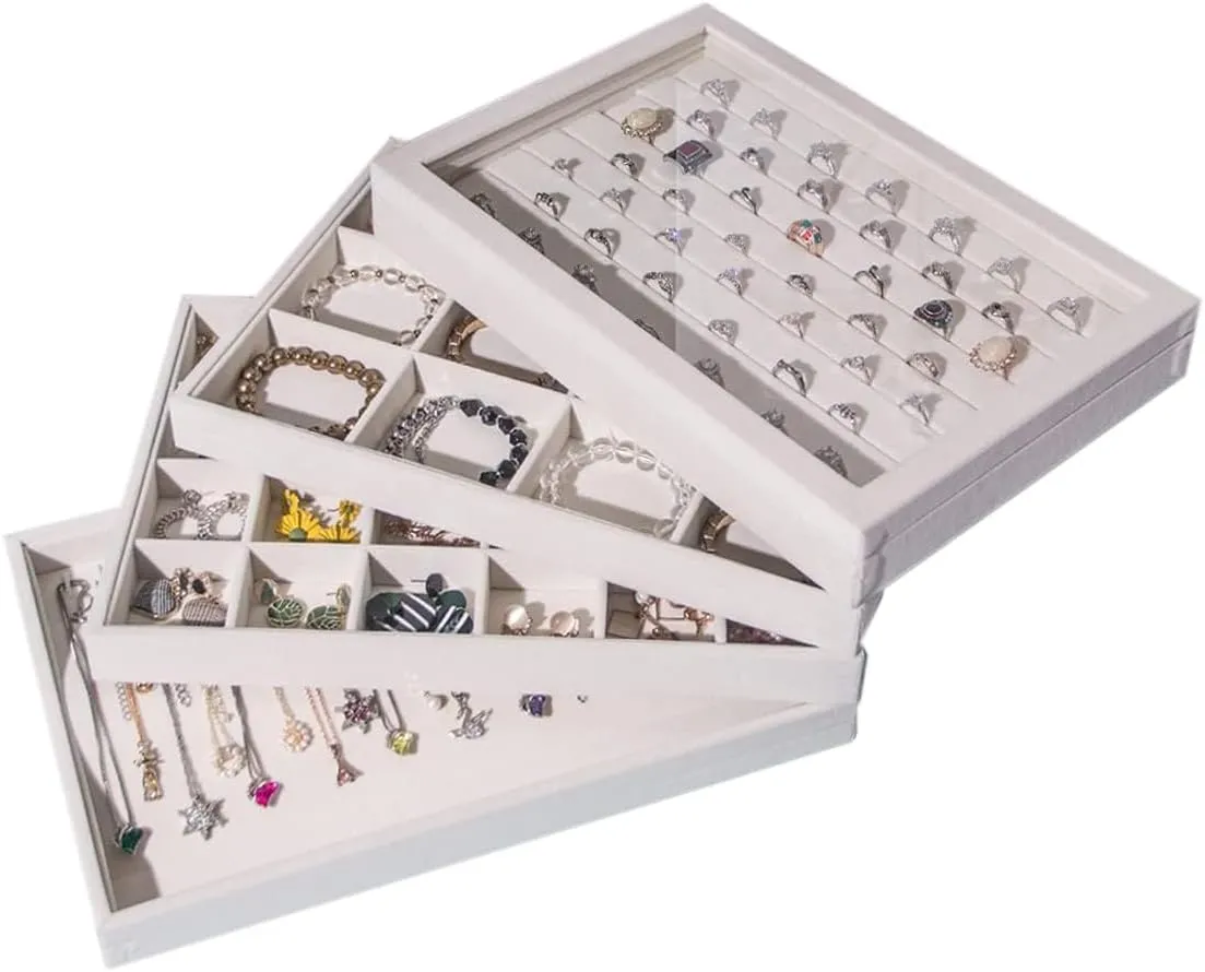 Show or Home Use (Beige Velvet) 4Pcs Large Jewelry Organizer Trays with Lid, Stackable for Rings Earrings Necklaces Bracelets Display Storage Box, incinerate bronze parallel debate tine Jewellery Organizer Case for Selling 