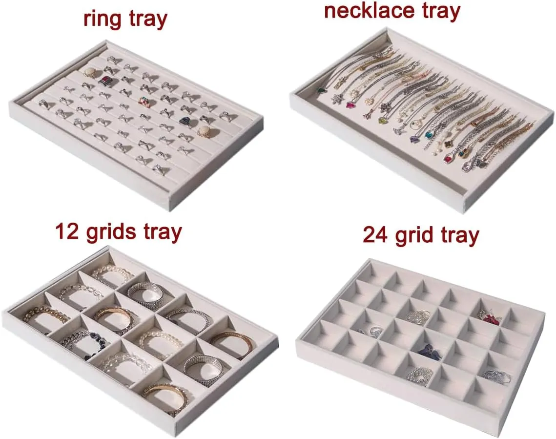 Show or Home Use (Beige Velvet) 4Pcs Large Jewelry Organizer Trays with Lid, Stackable for Rings Earrings Necklaces Bracelets Display Storage Box, incinerate bronze parallel debate tine Jewellery Organizer Case for Selling 