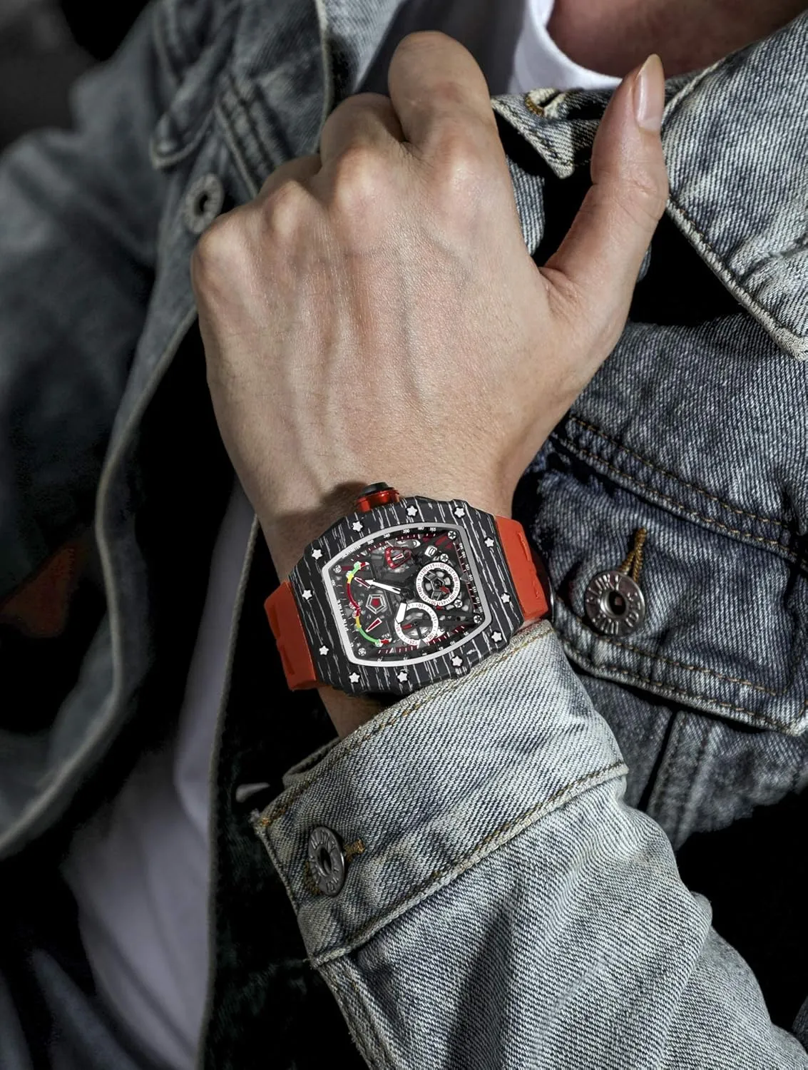 Silicone Strap rehydrate Waterproof Wristwatch MASTOP Sport Watch for Men Chronograph Hollow Dial Quartz Analog 