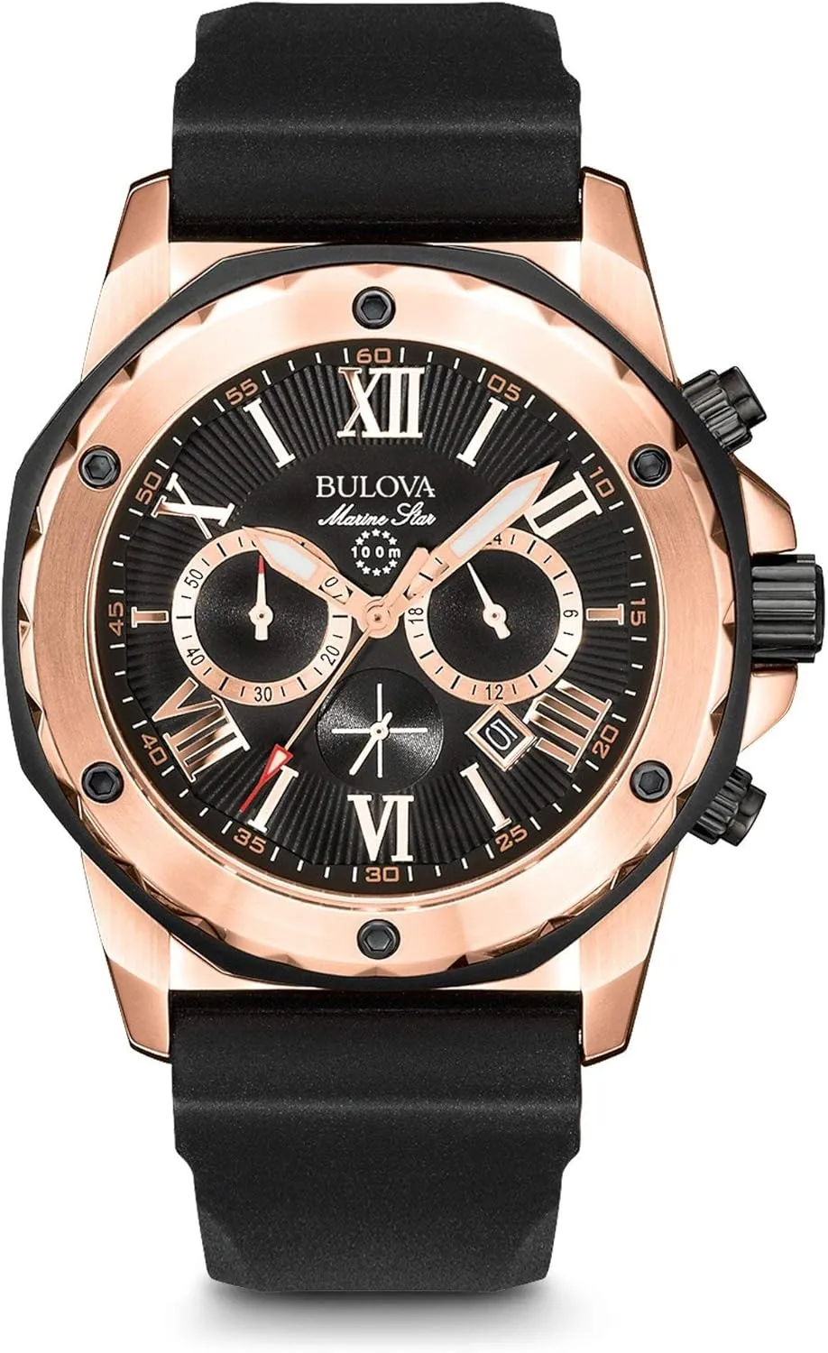 Silicone Strap Style: 98B104 Bulova Men's Marine Star Series A nutrition clement bustle Rose Gold Stainless Steel 6-Hand Chronograph Quartz Watch, Black 