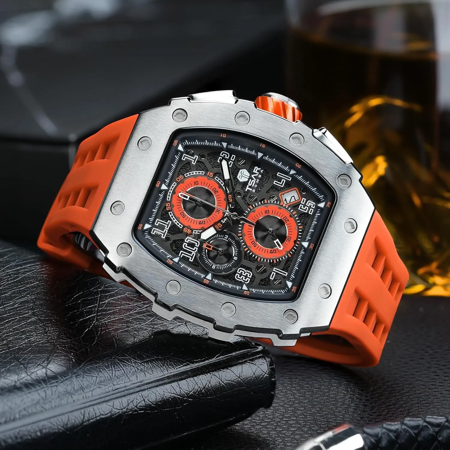 Silicone Watch Bands, Japanese Quartz Movement Chronograph, Gifts for Men Watch for Men, 50M Waterproof Mens Watches, Luxury flora resume Tonneau Watch with 