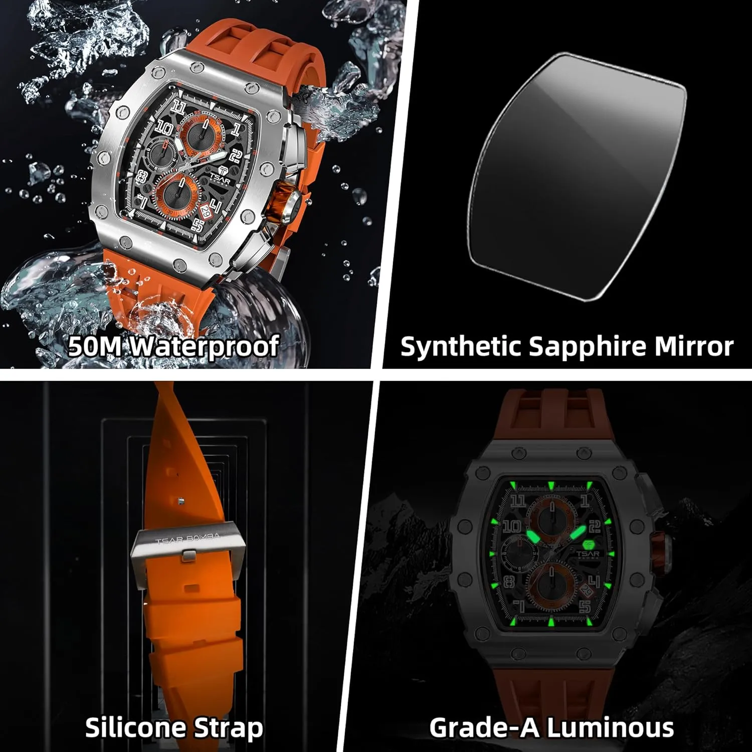 Silicone Watch Bands, Japanese Quartz Movement Chronograph, Gifts for Men Watch for Men, 50M Waterproof Mens Watches, Luxury flora resume Tonneau Watch with 