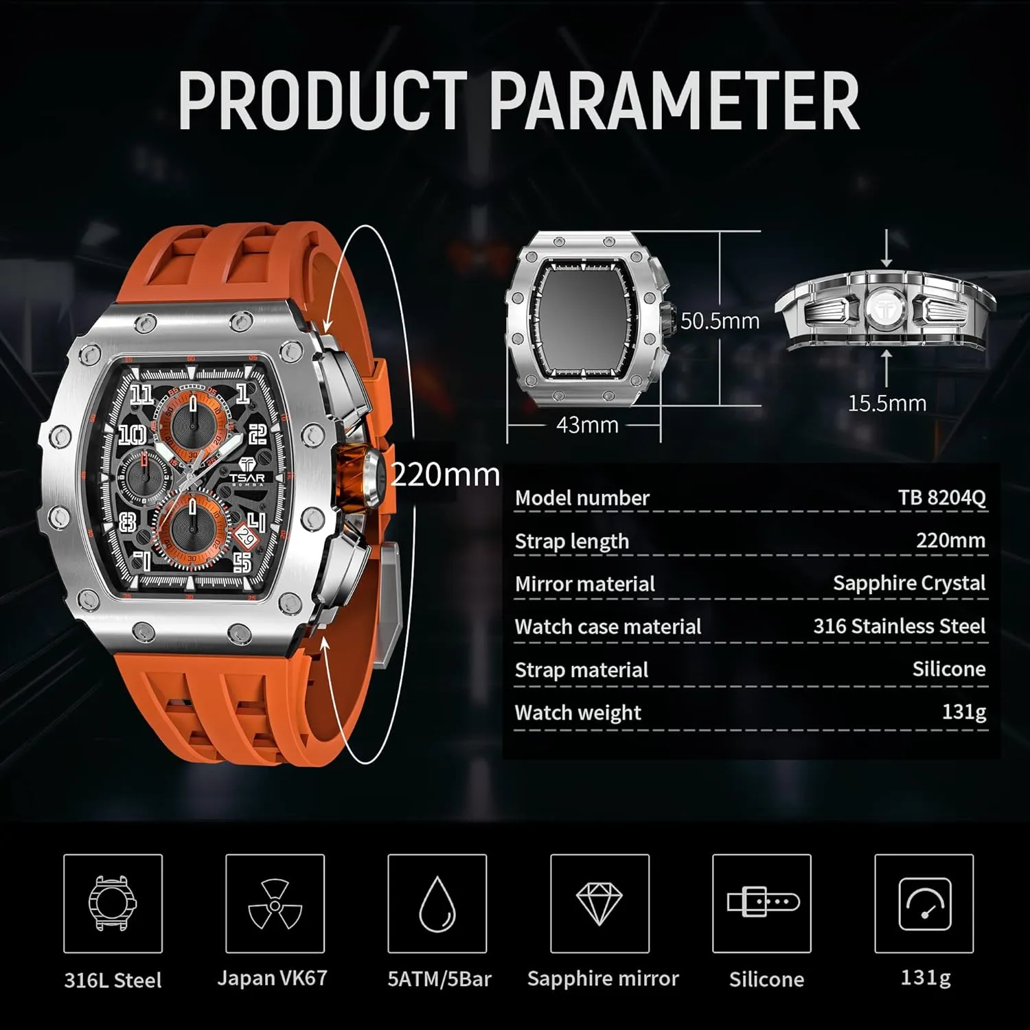 Silicone Watch Bands, Japanese Quartz Movement Chronograph, Gifts for Men Watch for Men, 50M Waterproof Mens Watches, Luxury flora resume Tonneau Watch with 