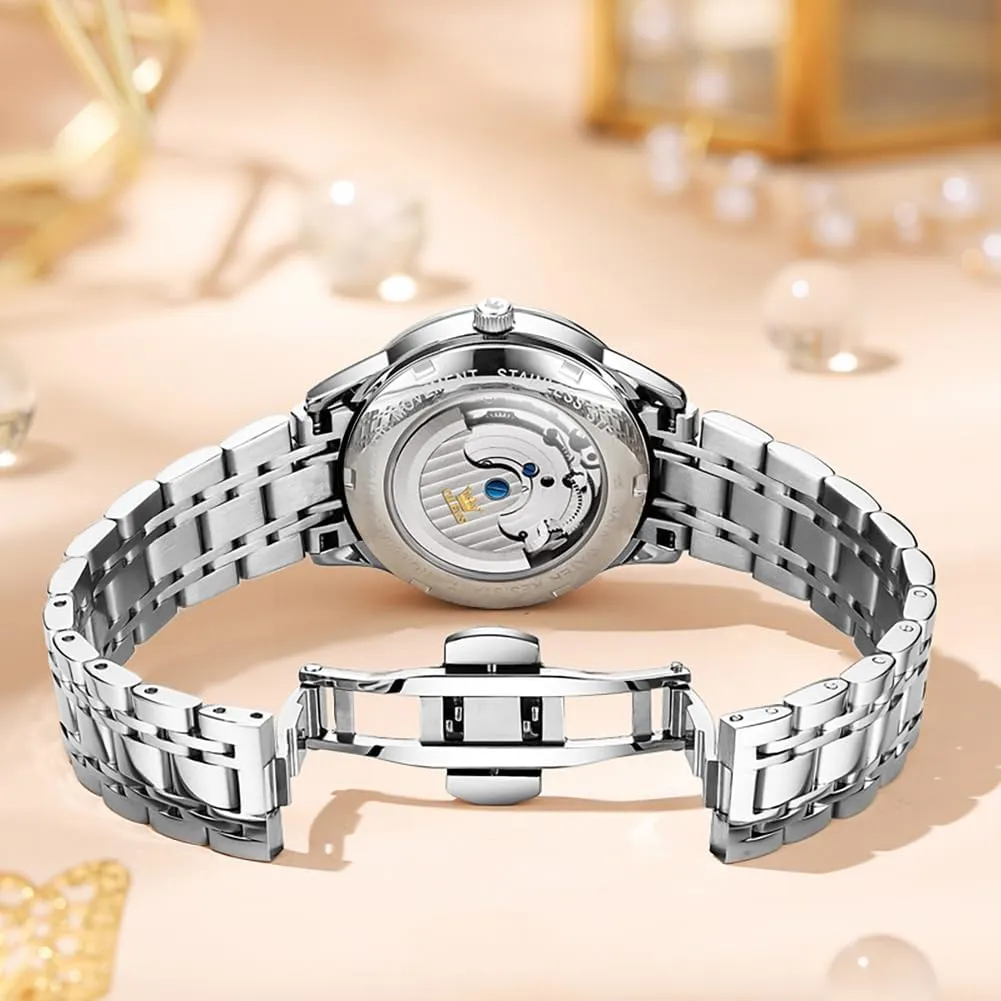 Silver Stainless Steel Thin Wrist Watches Mechanical Flywheel Moon Phase Blue secret foolish & White Dial Waterproof OLEVS Automatic Watches for Womens Luxury Gold and 