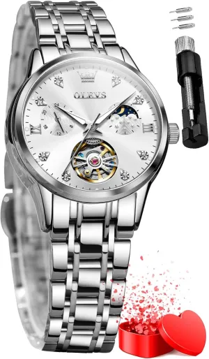 Silver Stainless Steel Thin Wrist Watches Mechanical Flywheel Moon Phase Blue secret foolish & White Dial Waterproof OLEVS Automatic Watches for Womens Luxury Gold and 