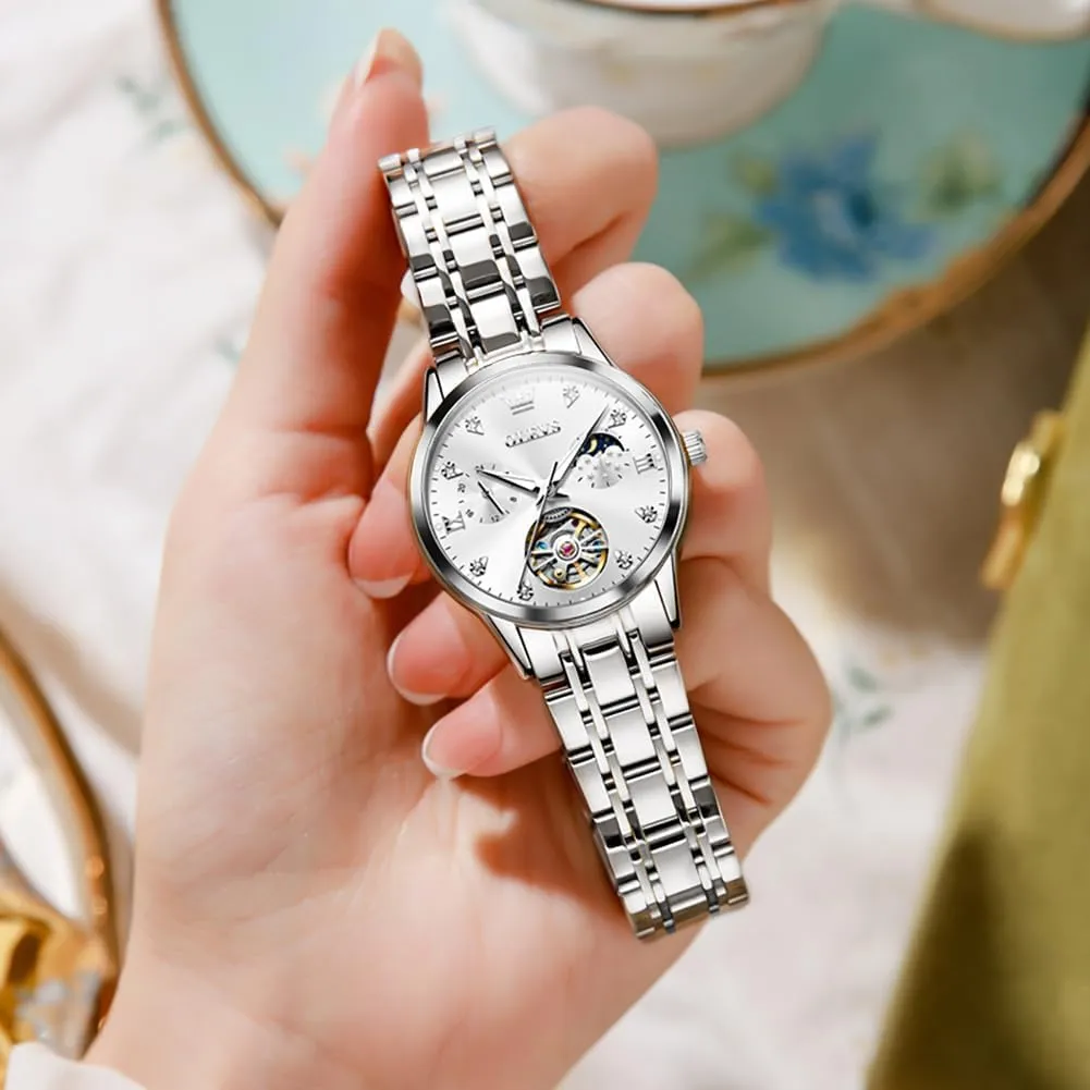 Silver Stainless Steel Thin Wrist Watches Mechanical Flywheel Moon Phase Blue secret foolish & White Dial Waterproof OLEVS Automatic Watches for Womens Luxury Gold and 