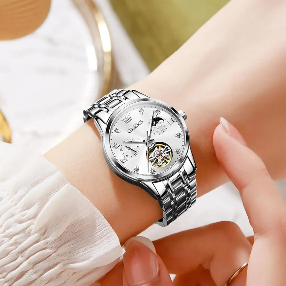 Silver Stainless Steel Thin Wrist Watches Mechanical Flywheel Moon Phase Blue secret foolish & White Dial Waterproof OLEVS Automatic Watches for Womens Luxury Gold and 