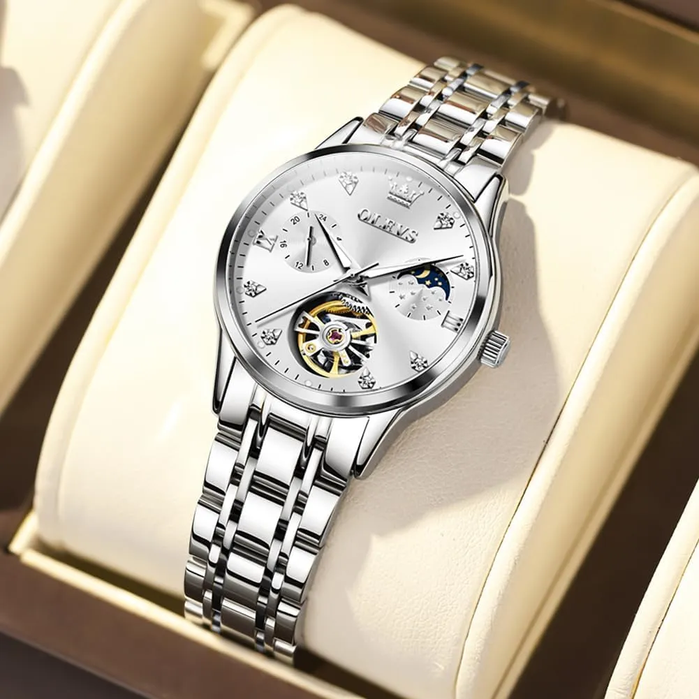 Silver Stainless Steel Thin Wrist Watches Mechanical Flywheel Moon Phase Blue secret foolish & White Dial Waterproof OLEVS Automatic Watches for Womens Luxury Gold and 