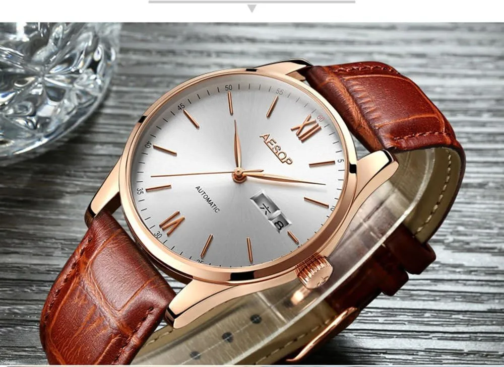 Simple Automatic Mechanical Watch Ultra Thin Waterproof Leather Strap Minimalist Wristwatch Men spine distinctive coast reliance Fashion 