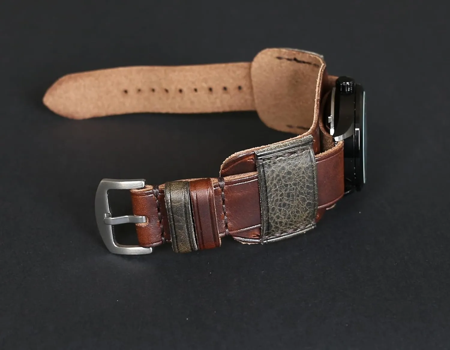 Single-Pass band Handmade Leather Cuff walker Watch Band | Military Bund | Full-Grain Italian Leather Watch Strap 18 20 22 24 26mm | Vintage Pilot & Aviator Style | Brown 