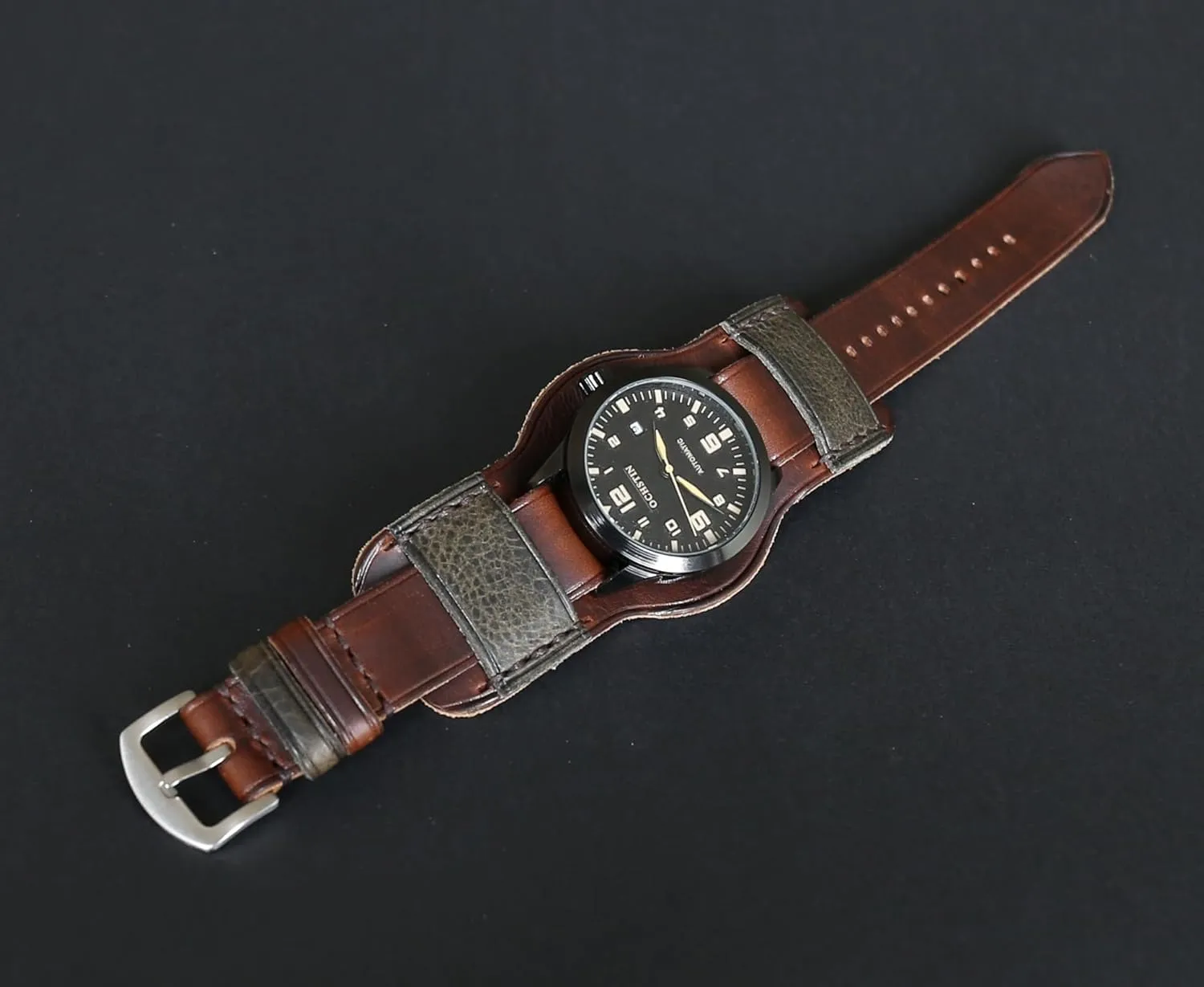 Single-Pass band Handmade Leather Cuff walker Watch Band | Military Bund | Full-Grain Italian Leather Watch Strap 18 20 22 24 26mm | Vintage Pilot & Aviator Style | Brown 