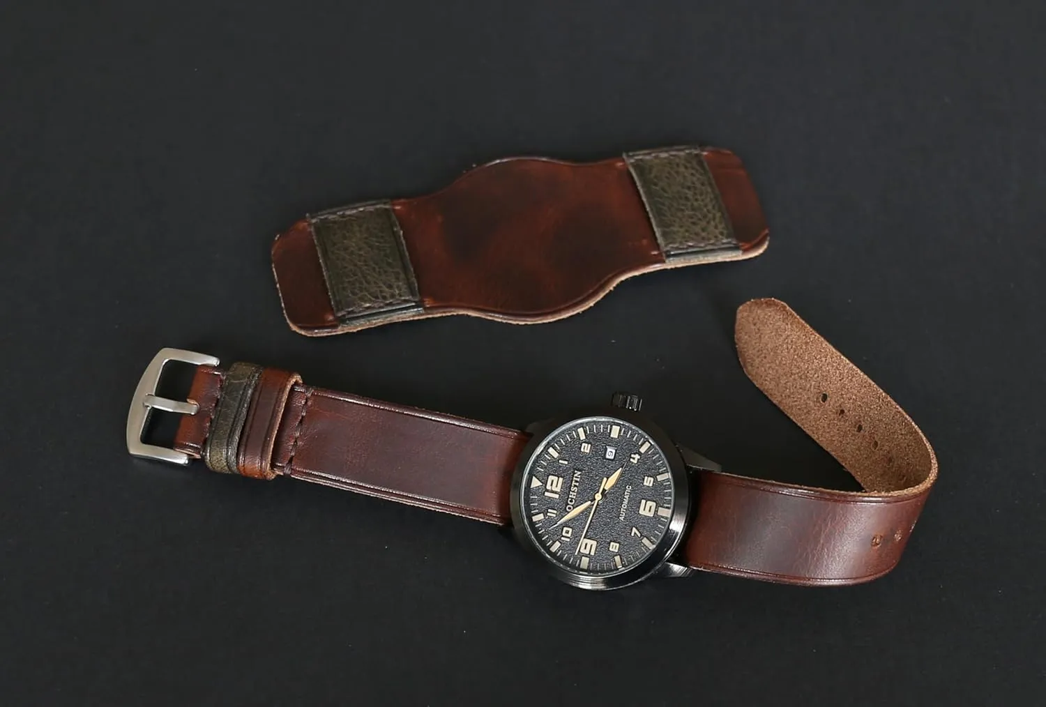 Single-Pass band Handmade Leather Cuff walker Watch Band | Military Bund | Full-Grain Italian Leather Watch Strap 18 20 22 24 26mm | Vintage Pilot & Aviator Style | Brown 