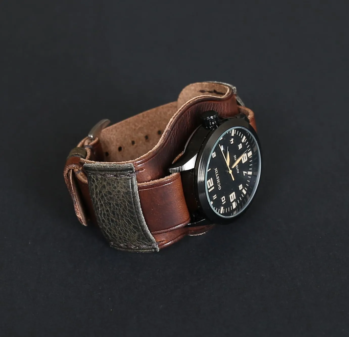 Single-Pass band Handmade Leather Cuff walker Watch Band | Military Bund | Full-Grain Italian Leather Watch Strap 18 20 22 24 26mm | Vintage Pilot & Aviator Style | Brown 
