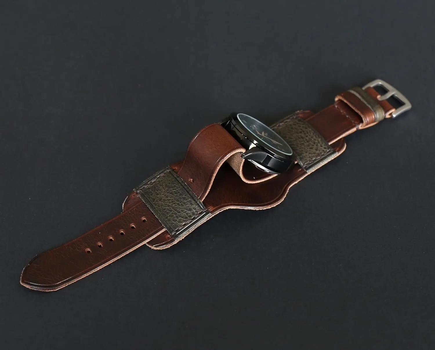 Single-Pass band Handmade Leather Cuff walker Watch Band | Military Bund | Full-Grain Italian Leather Watch Strap 18 20 22 24 26mm | Vintage Pilot & Aviator Style | Brown 