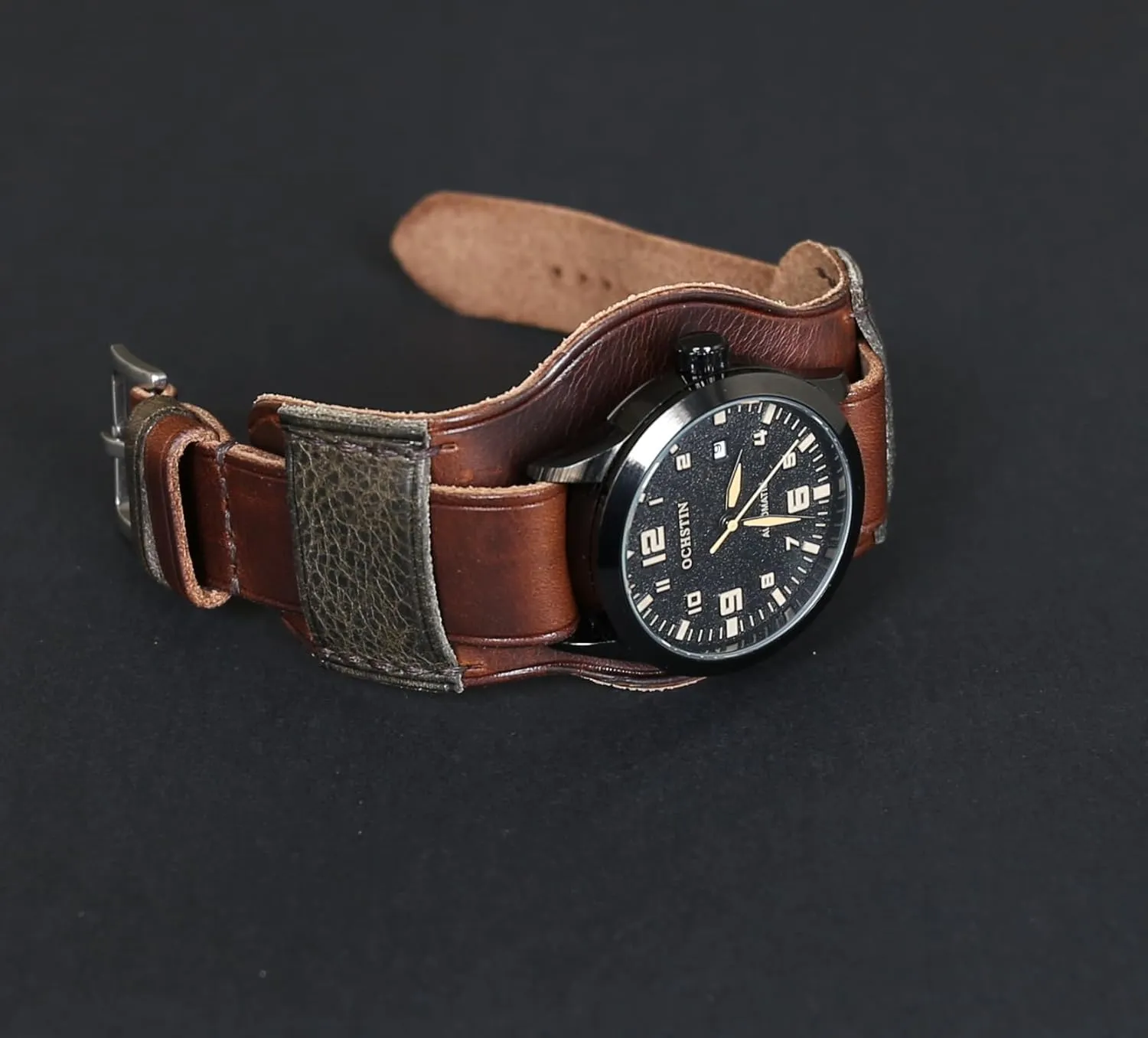 Single-Pass band Handmade Leather Cuff walker Watch Band | Military Bund | Full-Grain Italian Leather Watch Strap 18 20 22 24 26mm | Vintage Pilot & Aviator Style | Brown 