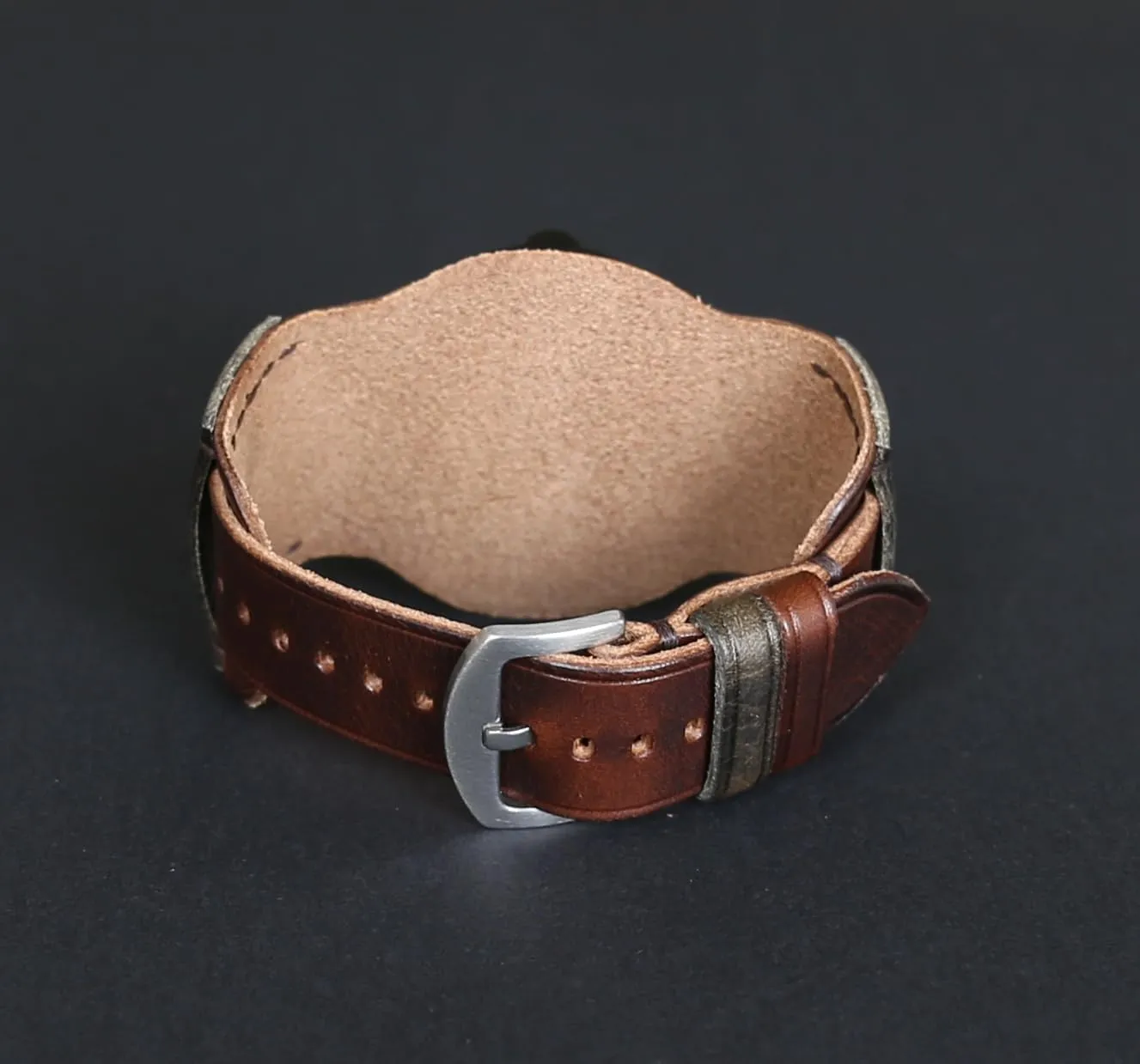Single-Pass band Handmade Leather Cuff walker Watch Band | Military Bund | Full-Grain Italian Leather Watch Strap 18 20 22 24 26mm | Vintage Pilot & Aviator Style | Brown 