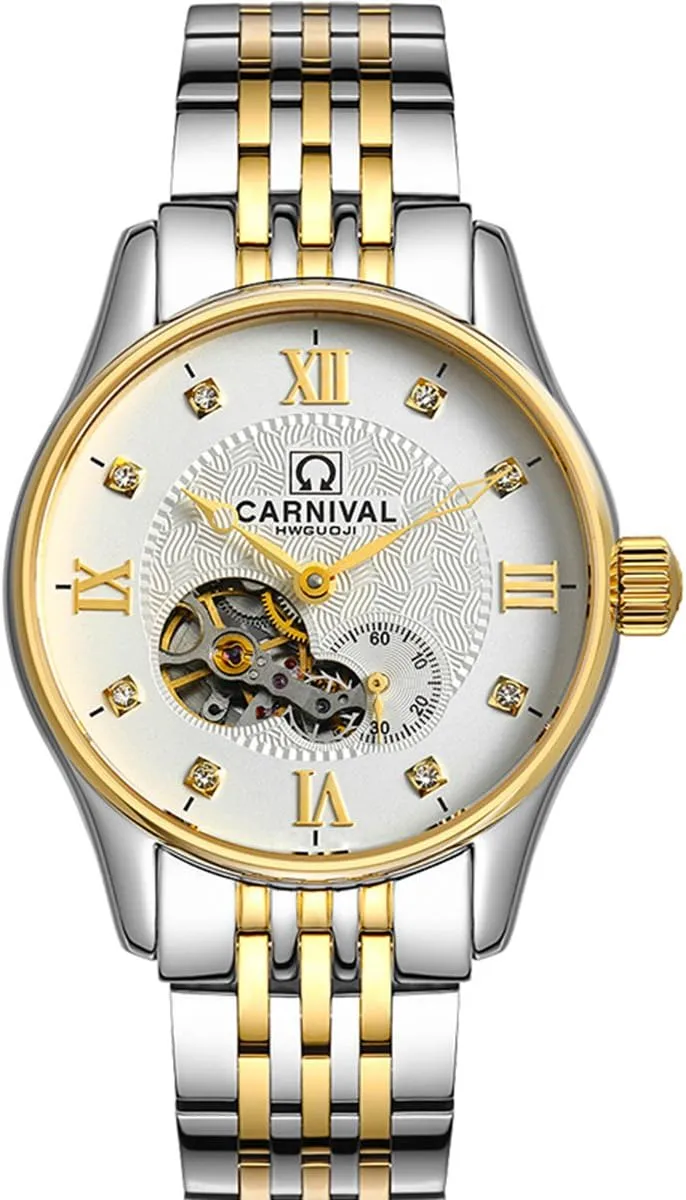 Skeleton Dial Waterproof Automatic Wrist Watch MASTOP Mens Gold Silver Two Tone violin somewhat fitting conduct Stainless Steel Bands Diamond 